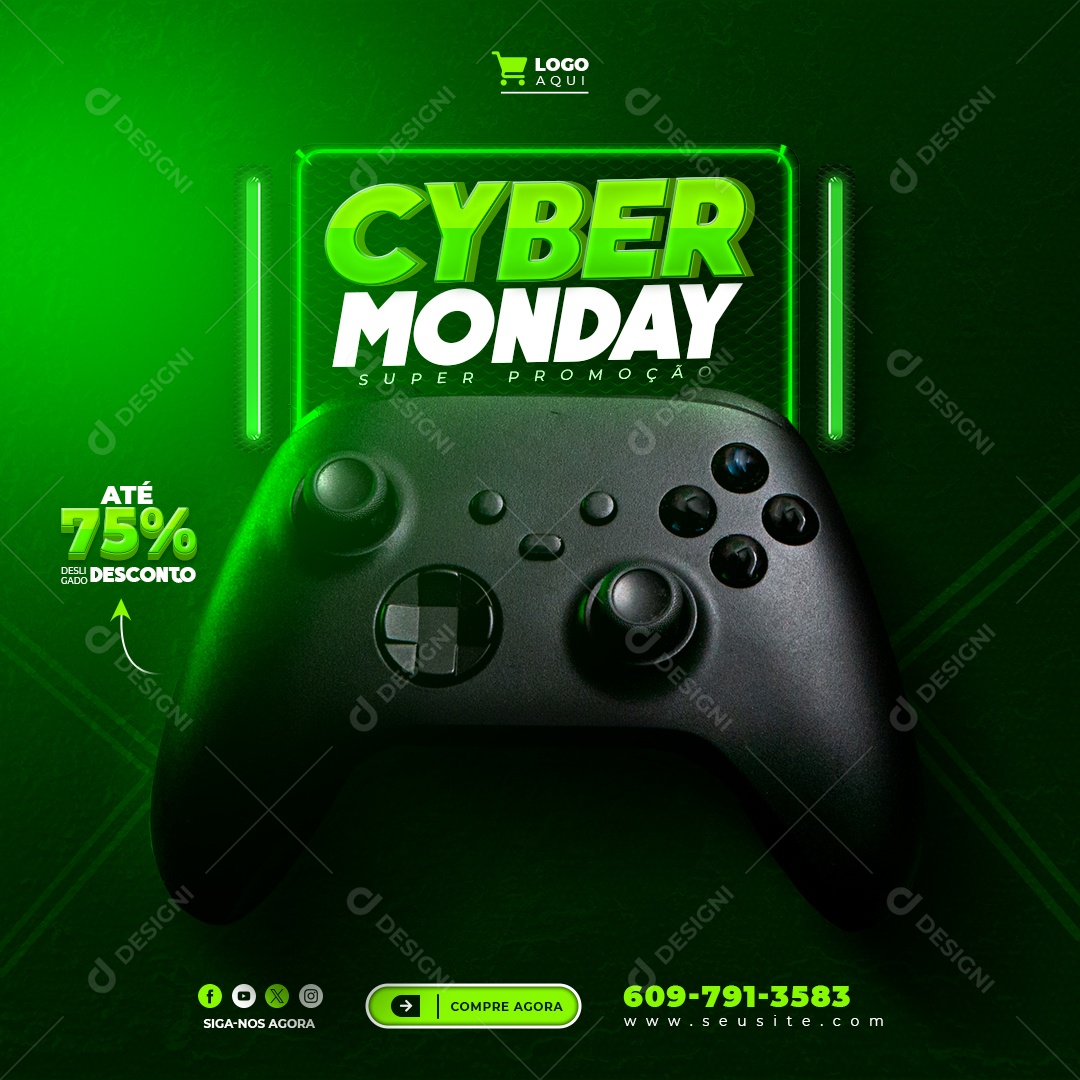 Cyber Monday Super Promoção Controle de Jogos Até 75% Desligado Desconto Social Media PSD Editável