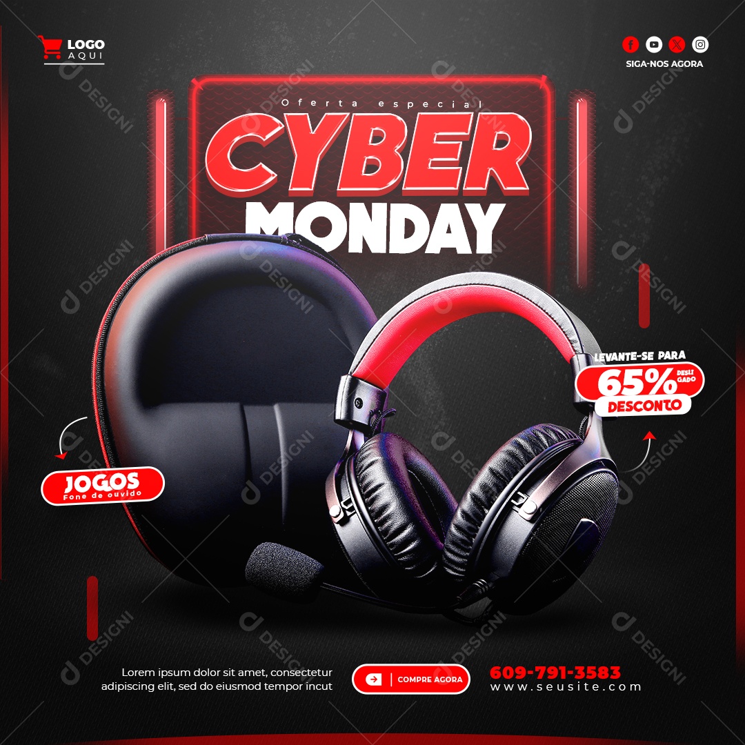 Cyber Monday Oferta Especial Jogos Fone de Ouvido Headset Levante se para 65% Desconto Social Media PSD Editável