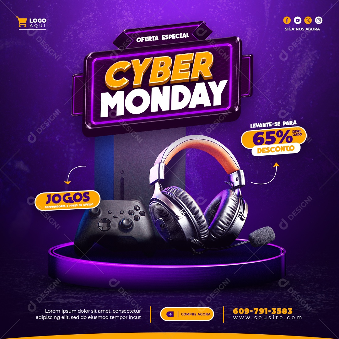 Oferta Especial Cyber Monday Jogos Computadores e Fones de Ouvido Levante se para 65% Desconto Social Media PSD Editável