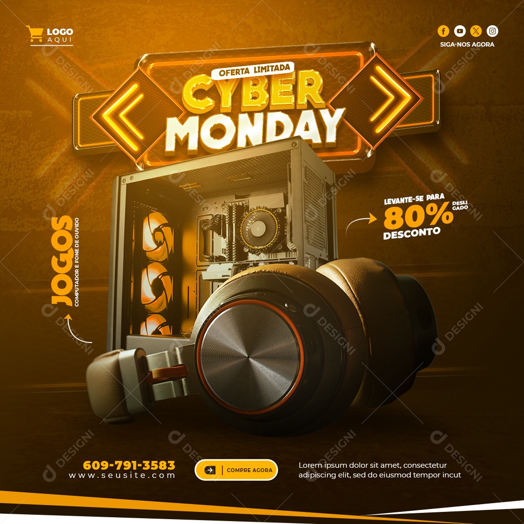 Cyber Monday Oferta Limitada Jogos Computador e Fone de Ouvido Levante se 80% Desconto Social Media PSD Editável