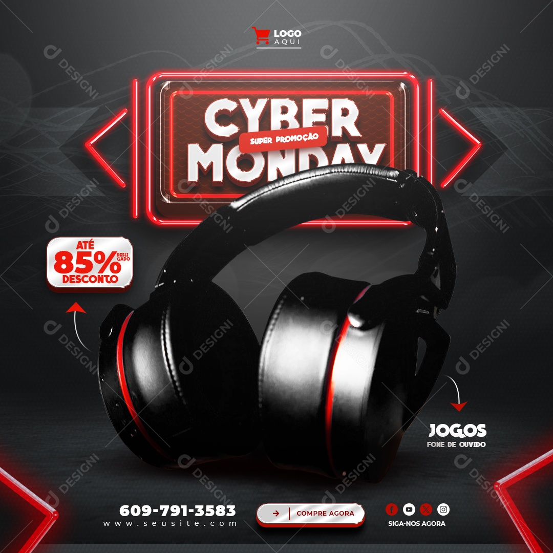 Social Media Cyber Monday Super Promoção Fone Headset Até 85% Desconto PSD Editável