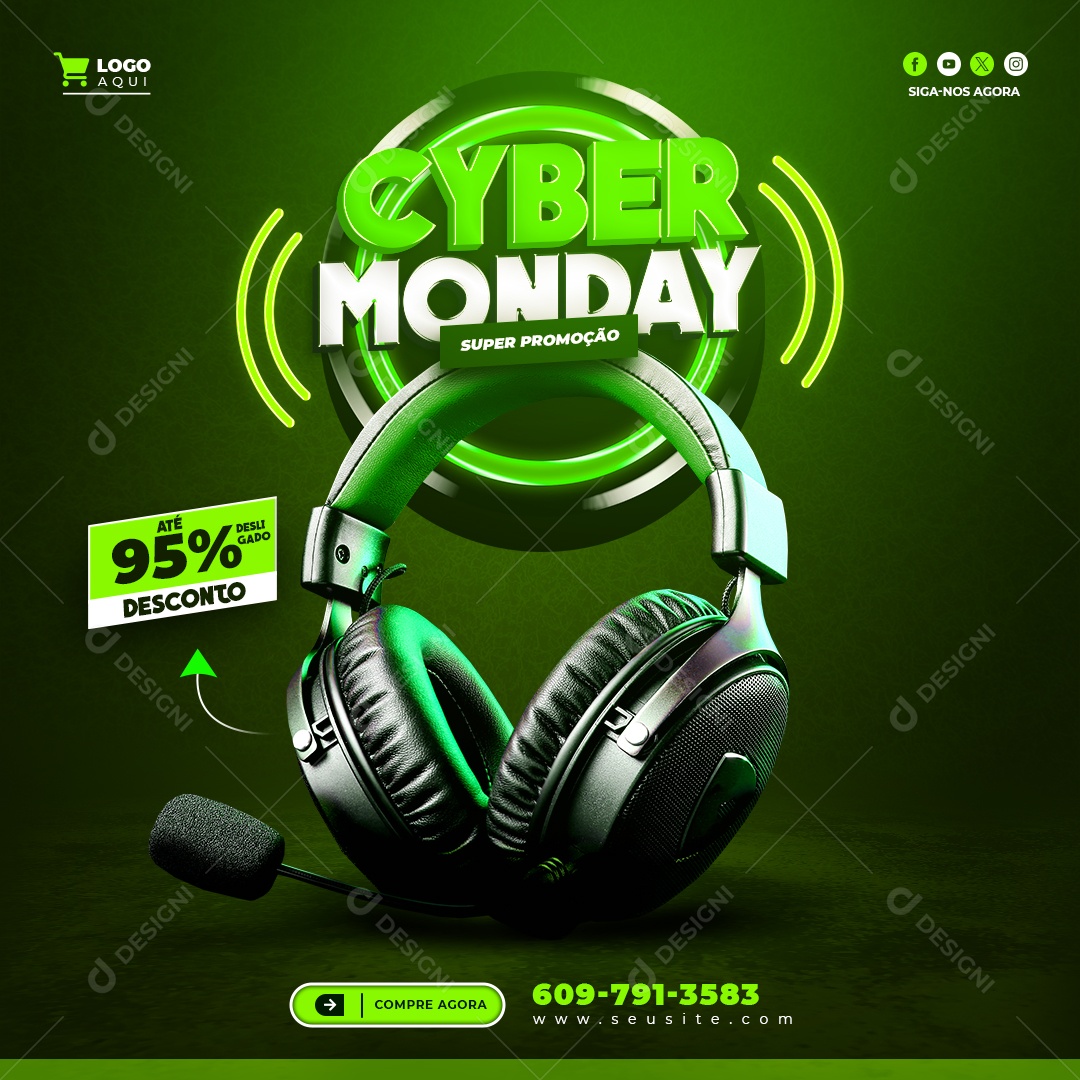 Cyber Monday Super Promoção Fone Headset Até 95% Desconto Social Media PSD Editável