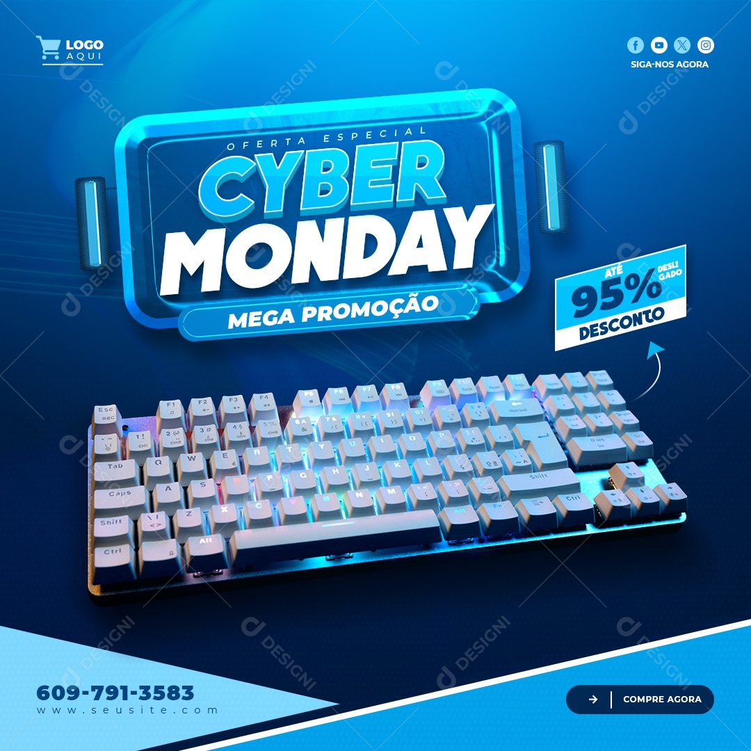 Cyber Monday Mega Promoção Até 95% Desconto Teclado Gamer Social Media PSD Editável