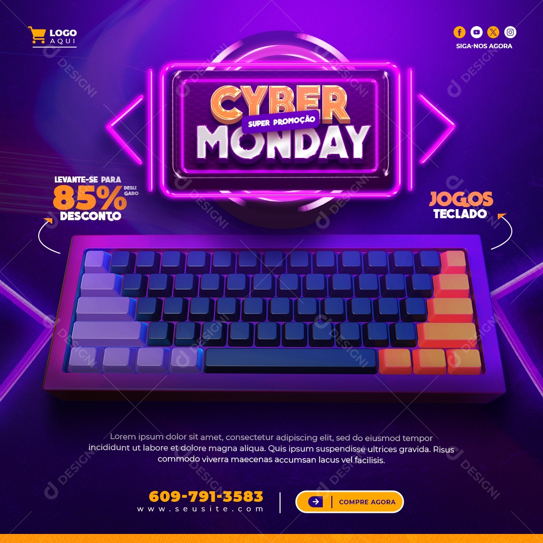 Cyber Monday Super Promoção Levante se para 85% Desconto Jogos Teclado Social Media PSD Editável
