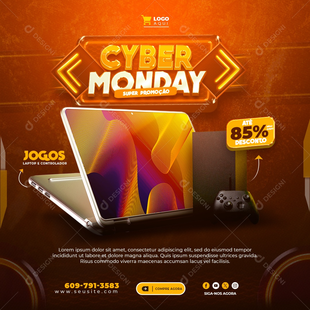 Cyber Monday Super Promoção Jogos Laptop e Controlador Até 85% Desconto Eletrônicos Social Media PSD Editável