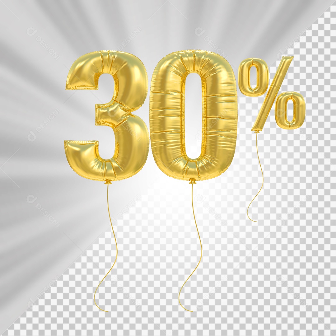 Número 3D 30% Porcento De Balão Dourado Para Composição PSD