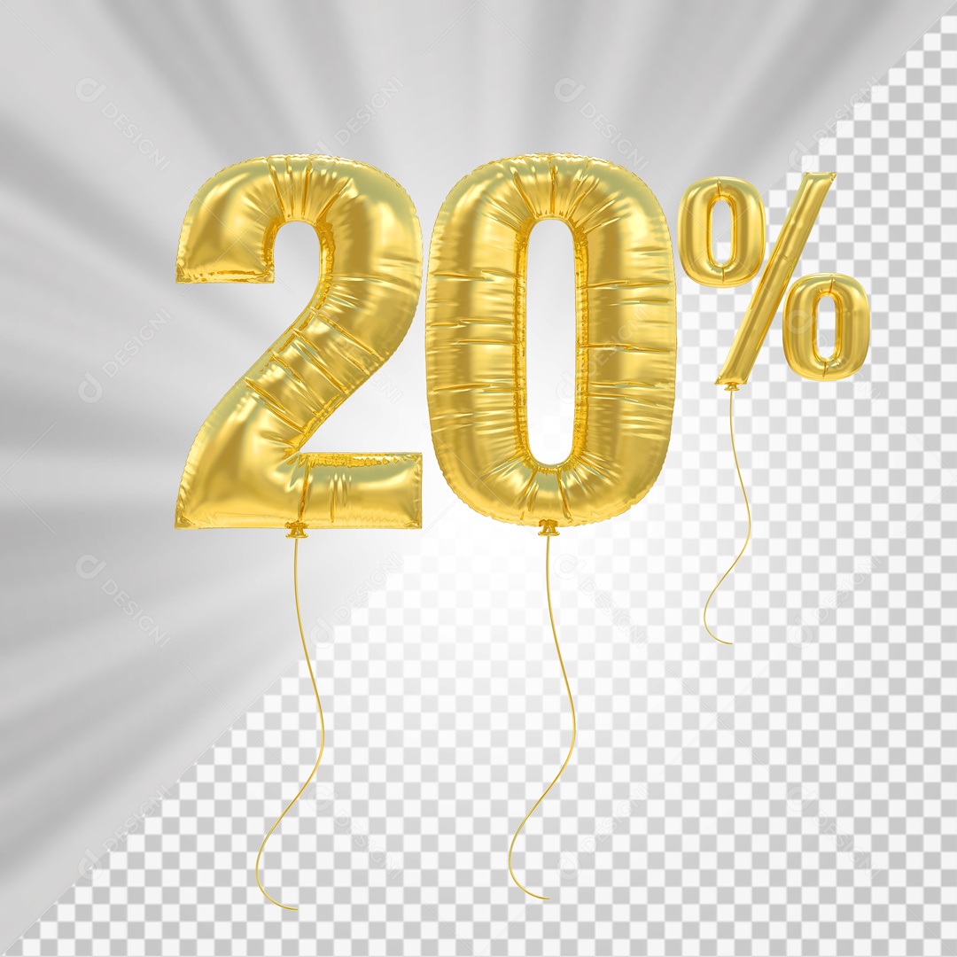 Número 3D 20% Porcento De Balão Dourado Para Composição PSD