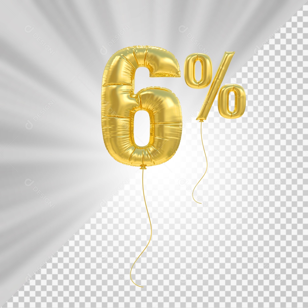 Número 3D 6% Porcento De Balão Dourado Para Composição PSD