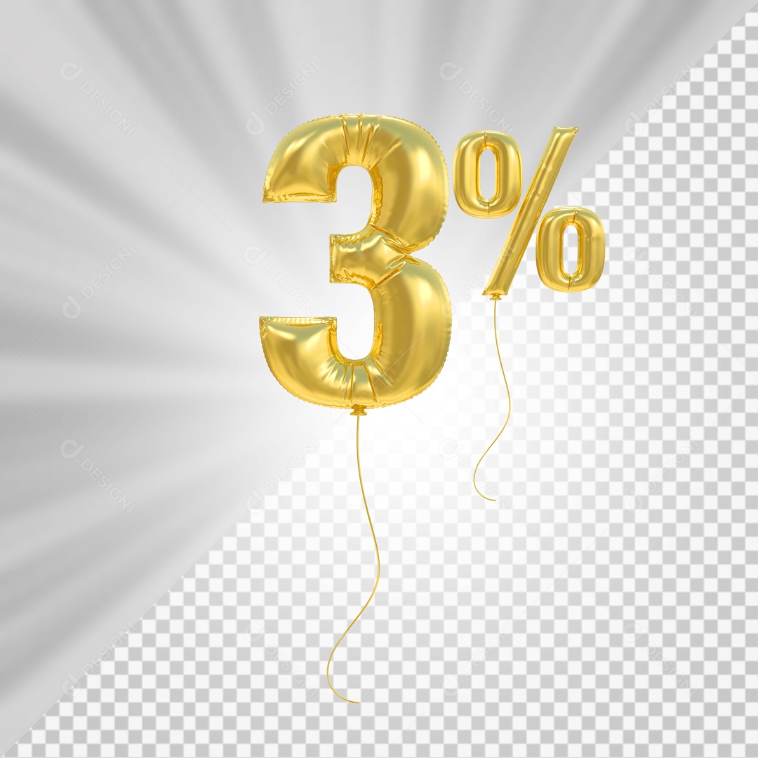 Número 3D 3% Porcento De Balão Dourado Para Composição PSD