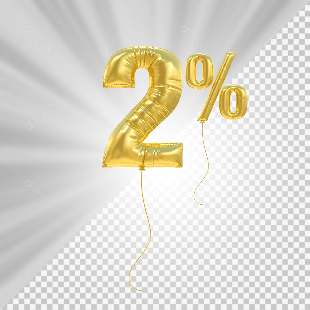 Número 3D 2% Porcento De Balão Dourado Para Composição PSD