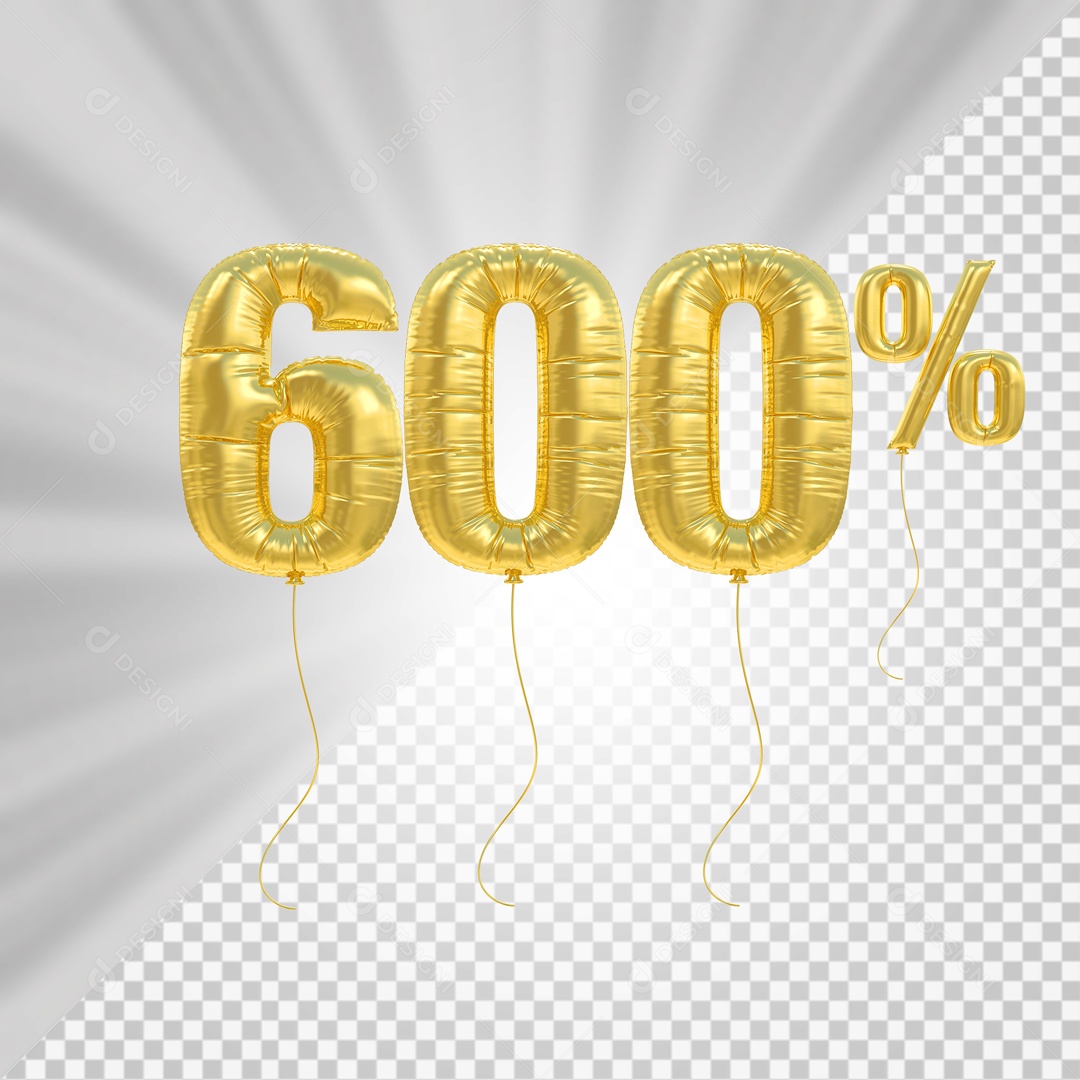 Número 3D 600% Porcento De Balão Dourado Para Composição PSD