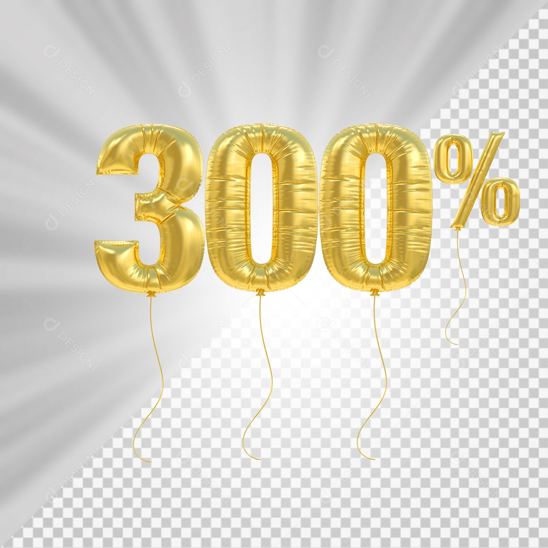 Número 3D 300% Porcento De Balão Dourado Para Composição PSD