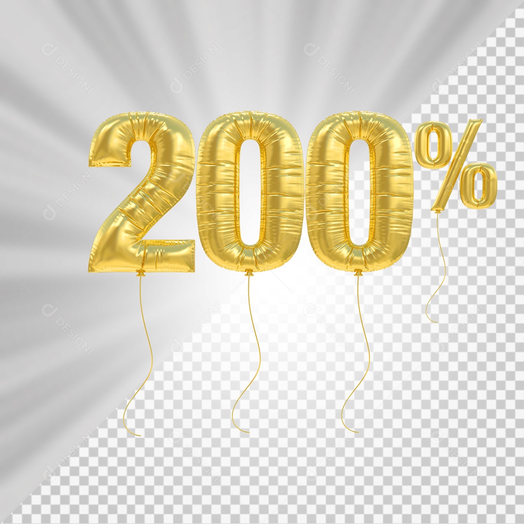 Número 3D 200% Porcento De Balão Dourado Para Composição PSD