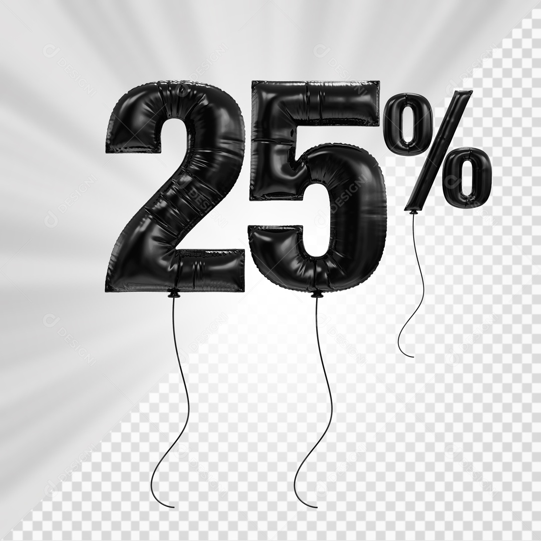 Número 3D 25% Porcento De Balão Preto Para Composição PSD