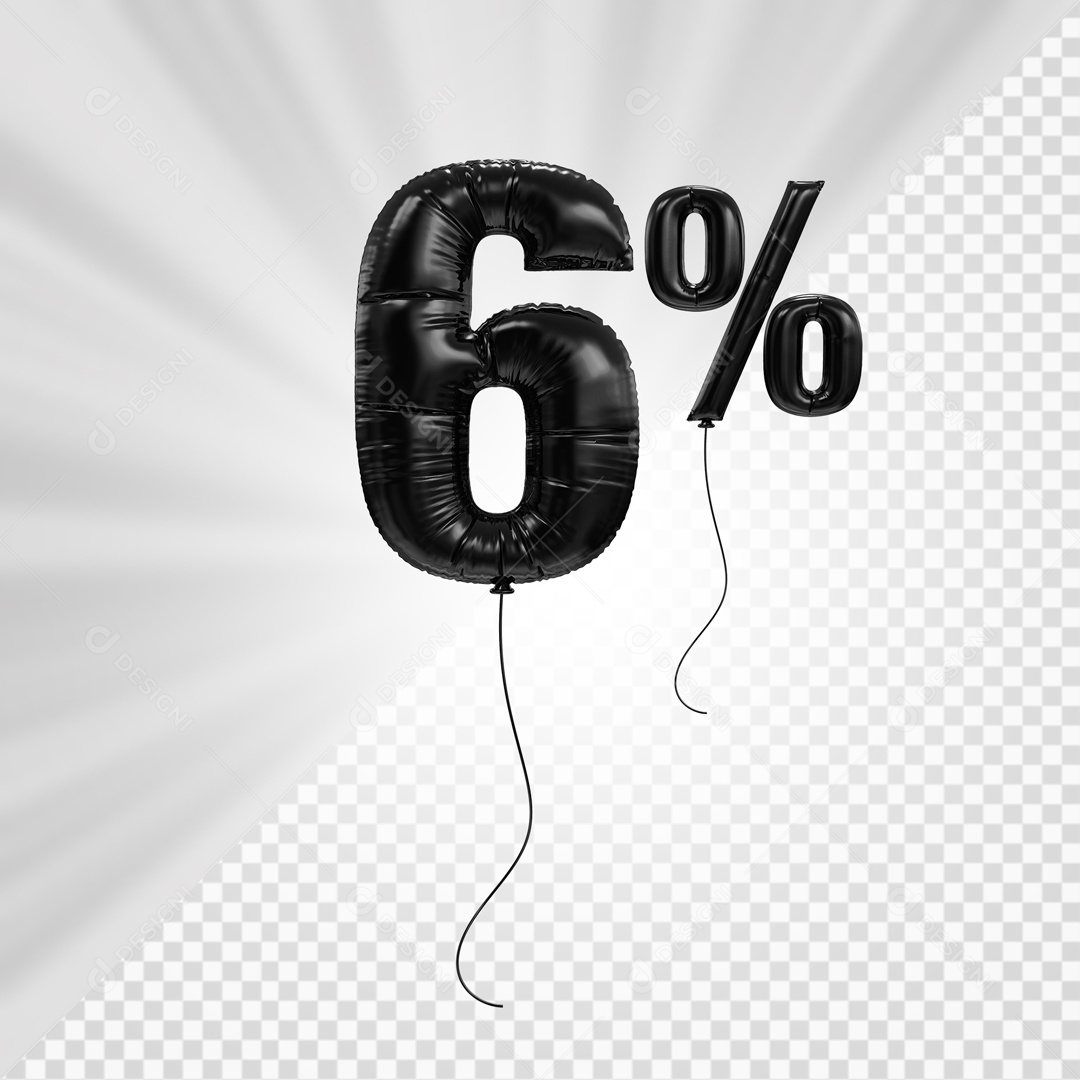 3D Number 6% Percent Black Balloon for PSD Composition
