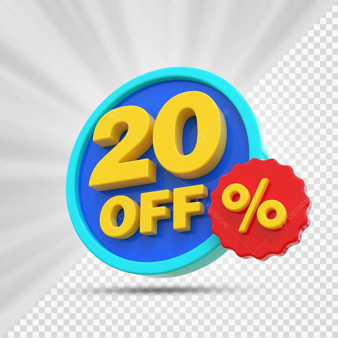 Elemento 3D Azul Amarelo e Vermelho 20% Porcento Off Para Composição PSD