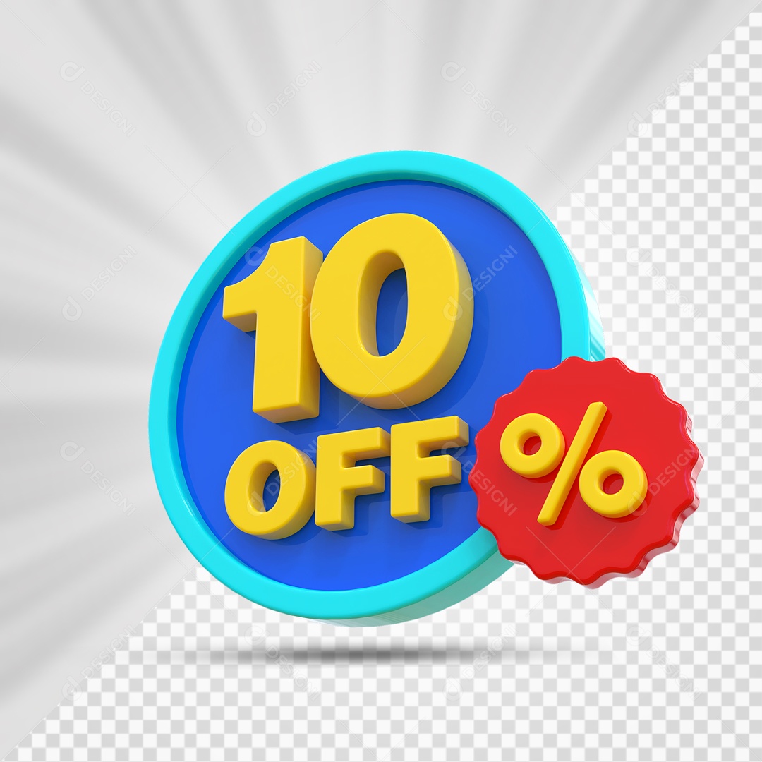 Elemento 3D Azul Amarelo e Vermelho 10% Porcento Off Para Composição PSD