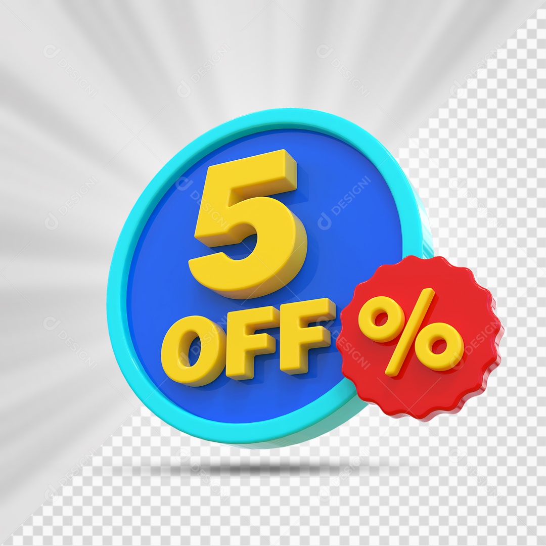 Elemento 3D Azul Amarelo e Vermelho 5% Porcento Off Para Composição PSD