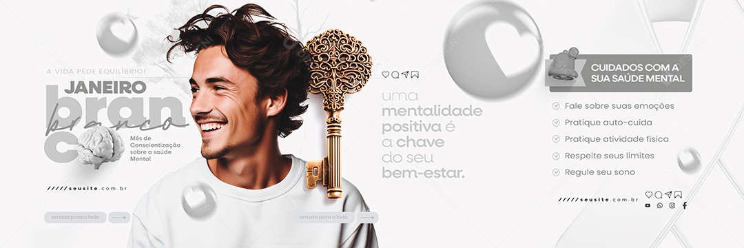 Carrossel Janeiro Branco Uma Mentalidade Positiva é a Chave do seu Bem Estar Social Media PSD Editável