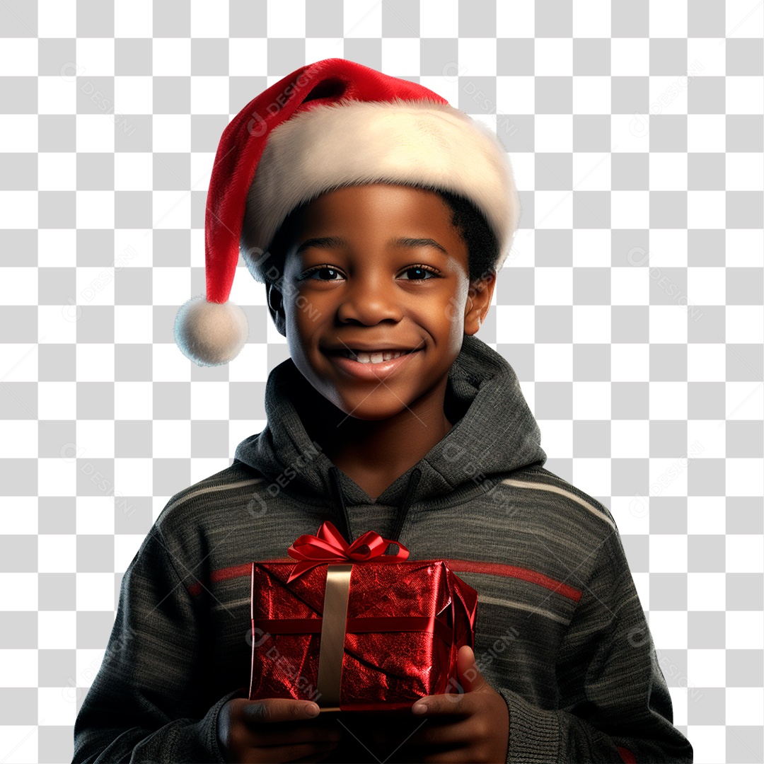 Jovem com Chapéu de Papai Noel e Presente nas Mãos PNG Transparente
