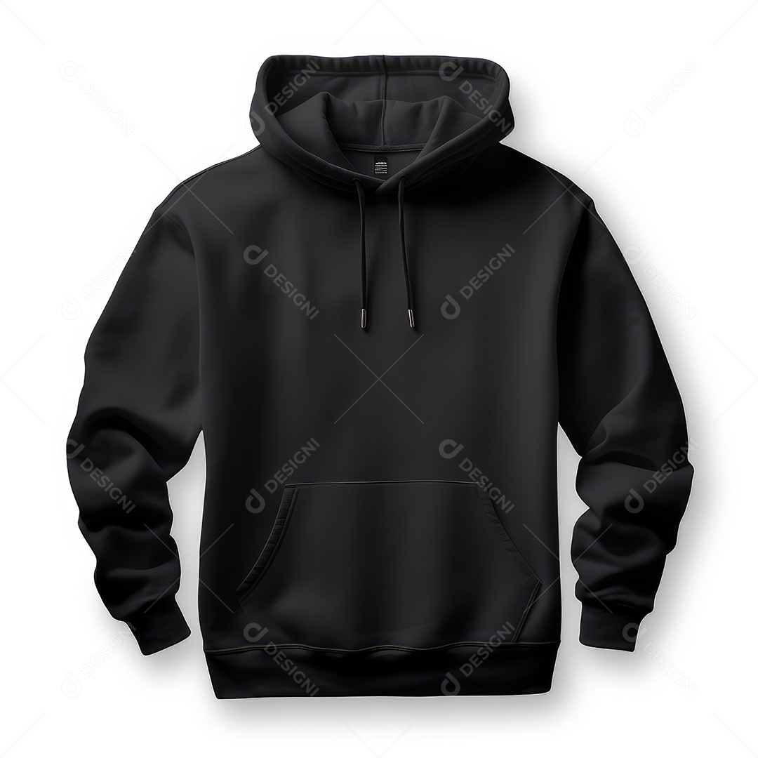 Camiseta de manga com capuz preto sobre fundo branco