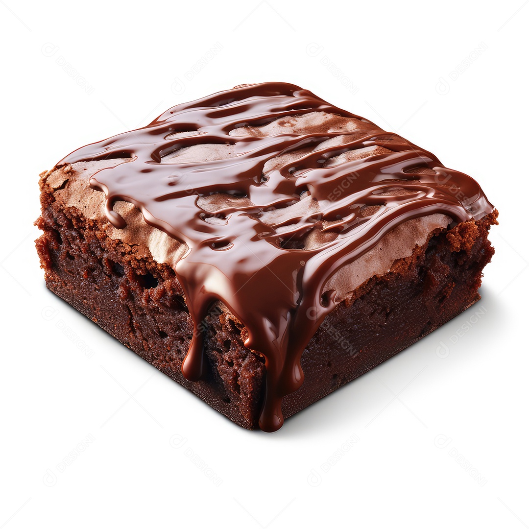 Brownie de chocolate com cobertura deliciosa sobre fundo branco