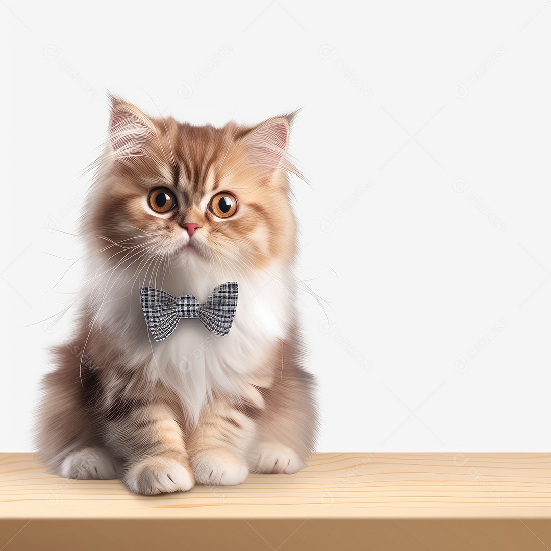 Gato fofo usando gravata sobre fundo branco