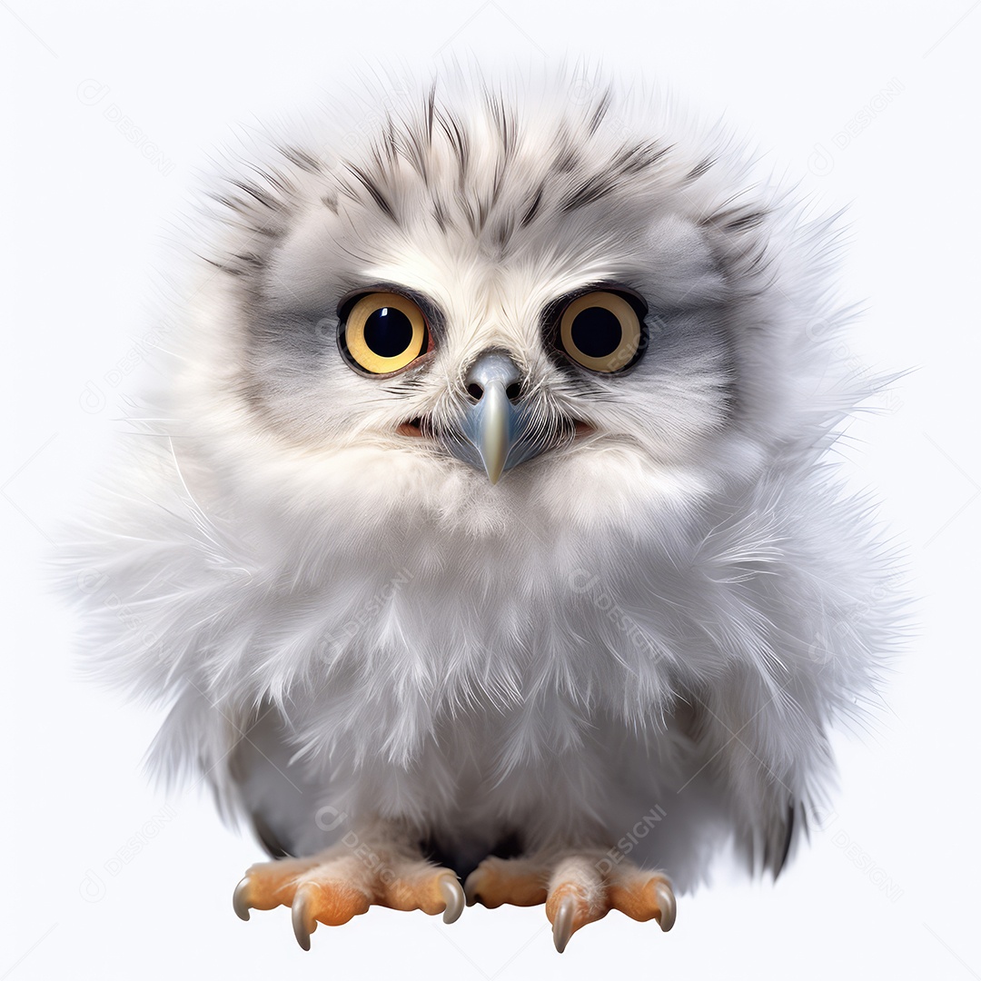 Coruja bebê fofa e realista sobre fundo branco