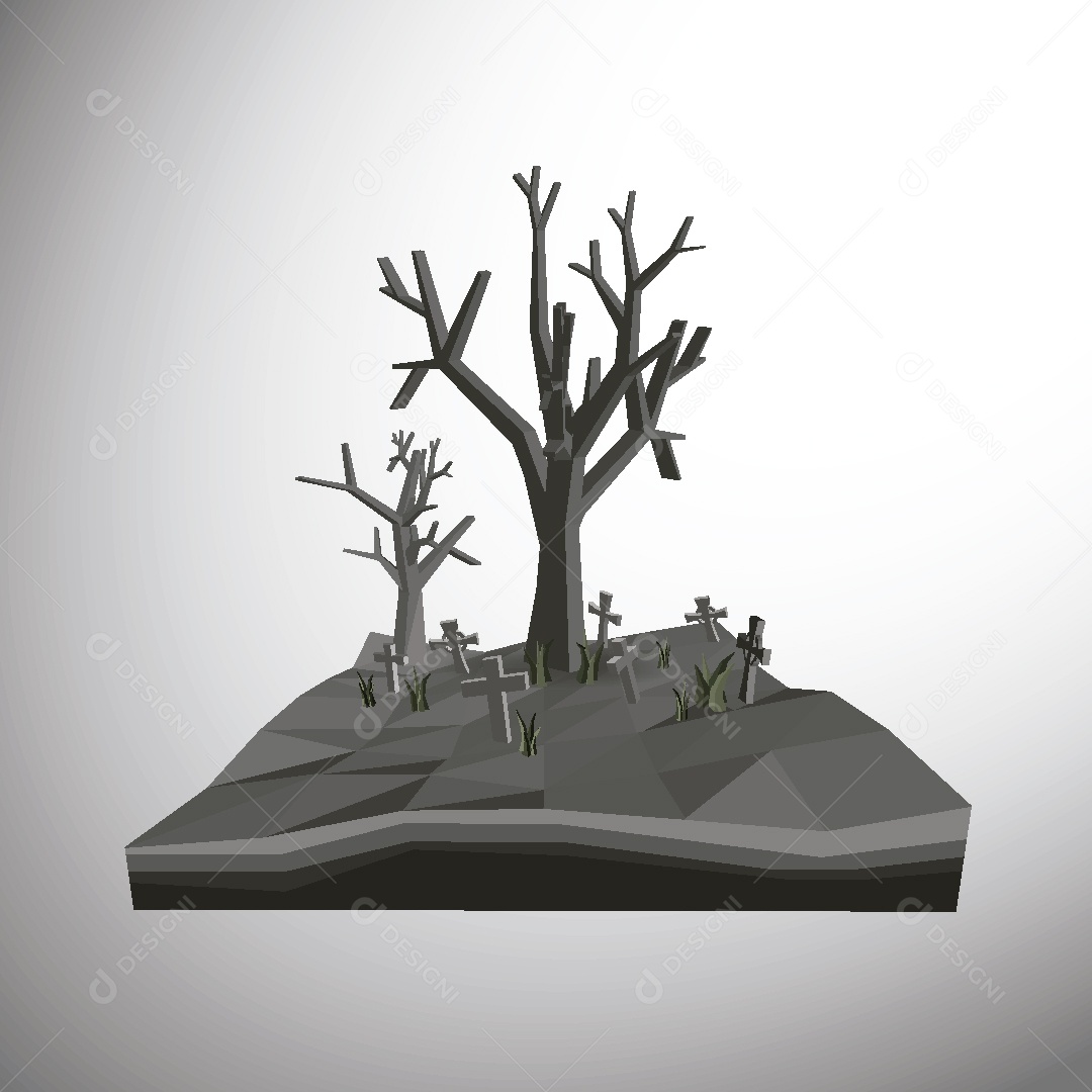 Árvores Seca 3D e Capim Ilustração Geométrica Vetor EPS