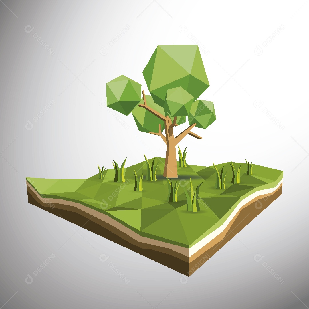 Árvores 3D e Capins Ilustração Geométrica Vetor EPS