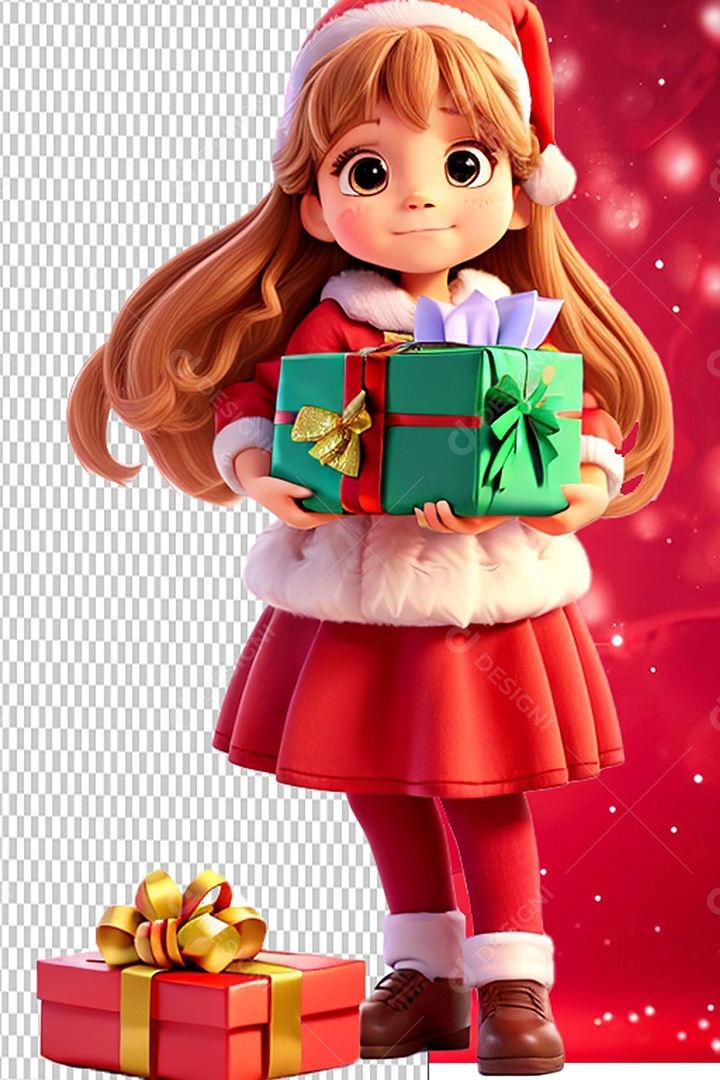 Menina do Papai Noel Segurando Caixa de Presente Personagem 3D Cartoon de Natal para Composição PSD
