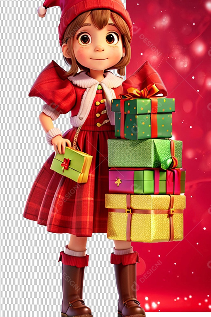 Menina do Papai Noel Segurando Caixas de Presentes Personagem 3D Cartoon de Natal para Composição PSD