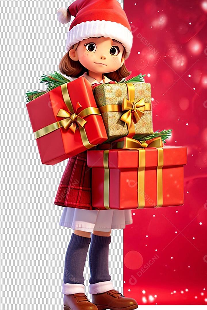 Menina do Papai Noel Segurando Várias Caixa de Presente Personagem 3D Cartoon de Natal para Composição PSD