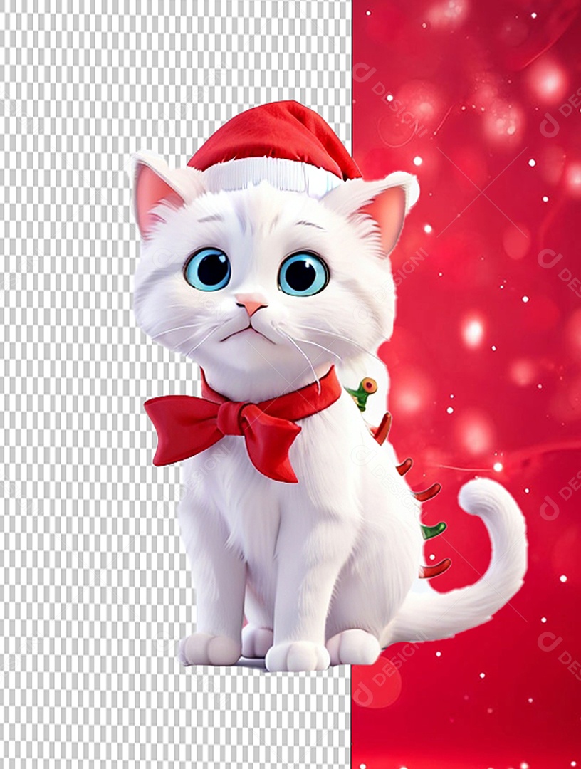 Gata com Laço e Chapéu de Natal Cartoon Elemento 3D para Composição PSD