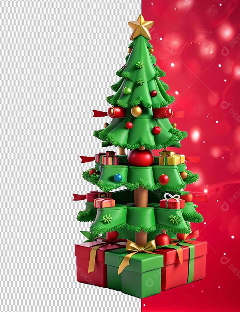 Árvore de Natal e Caixas de Presente Cartoon Elemento 3D para Composição PSD