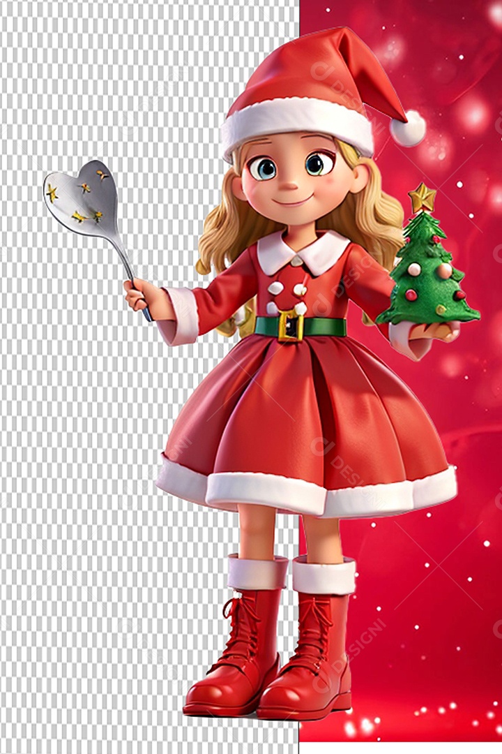 Personagem 3D Menina do Papai Noel Segurando Mini Árvore de Natal e Concha de Coração Cartoon de Natal para Composição PSD