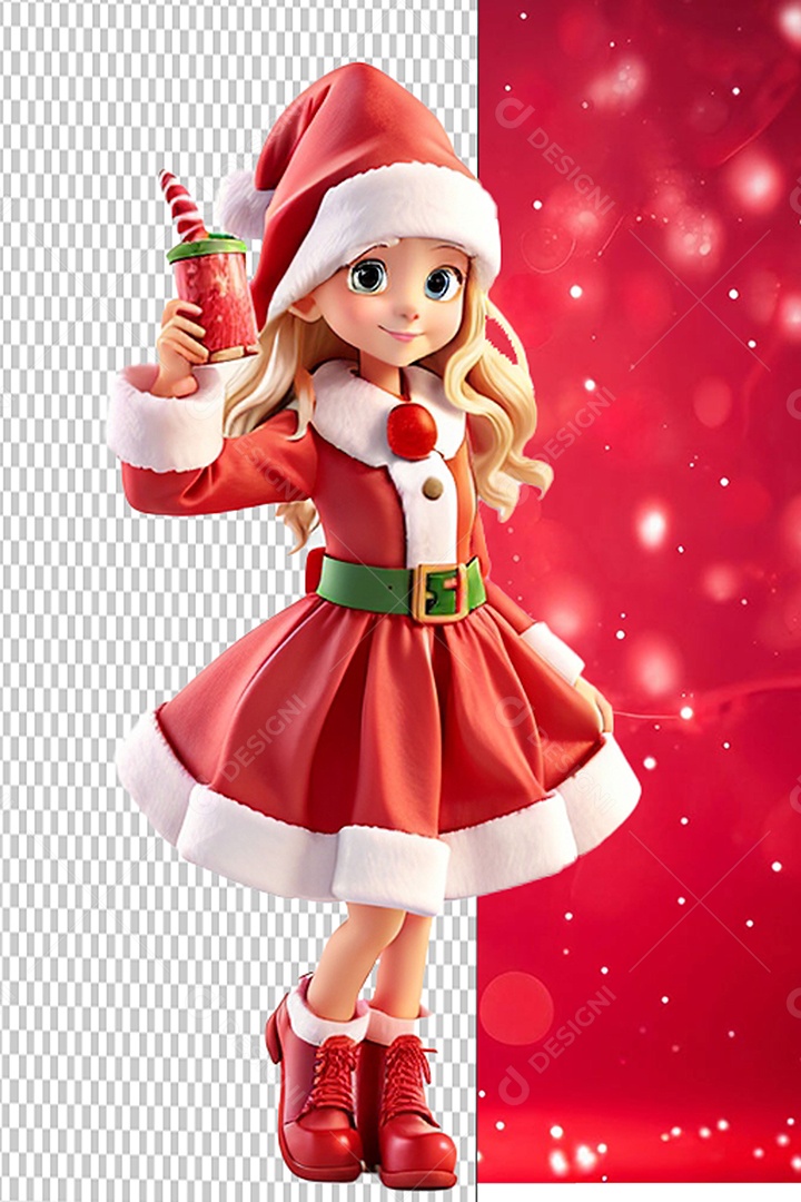 Personagem 3D Menina do Papai Noel Cartoon de Natal para Composição PSD