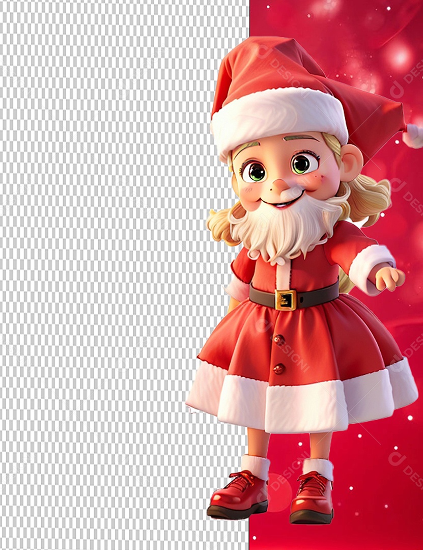 Personagem 3D Menina do Papai Noel com Barba Cartoon de Natal para Composição PSD