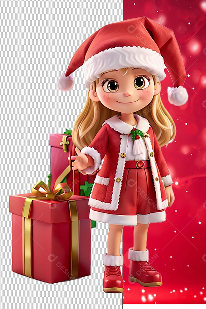 Personagem 3D Menina do Papai Noel e Caixas de Presentes Cartoon de Natal para Composição PSD
