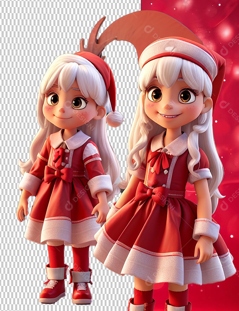 Personagens 3D Meninas do Papai Noel Cartoon de Natal para Composição PSD