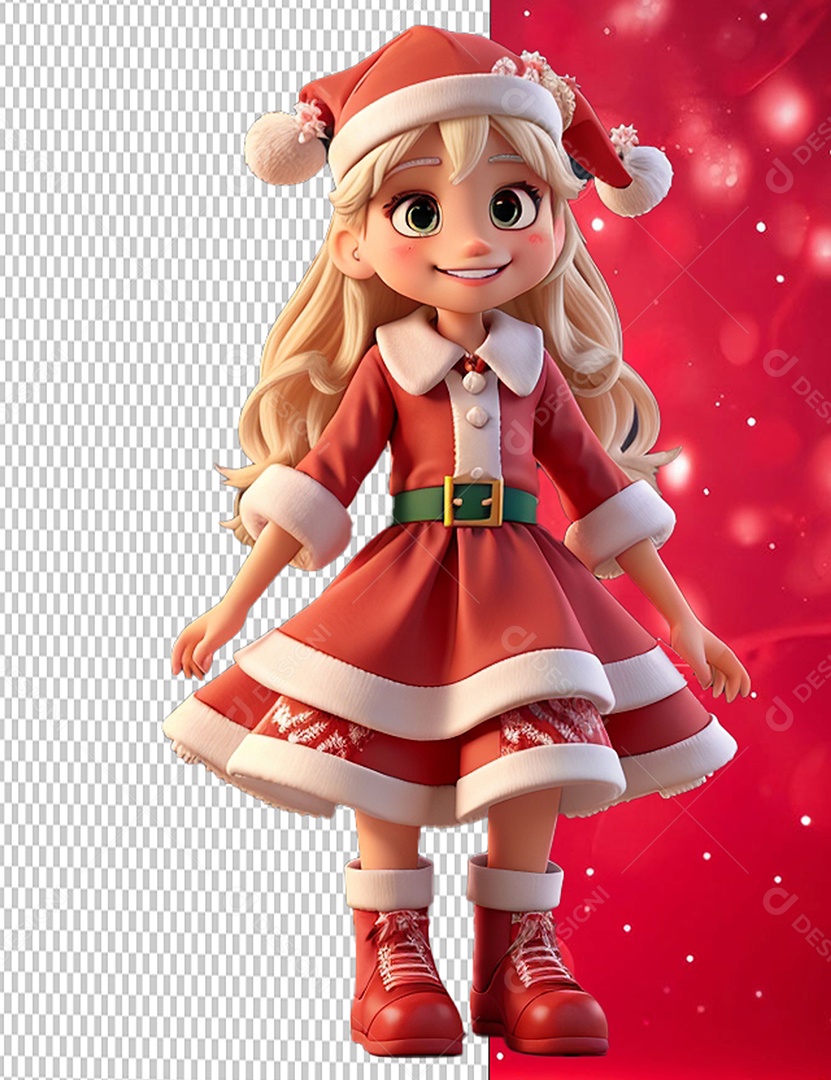 Personagem 3D Menina do Papai Noel Cartoon de Natal para Composição PSD