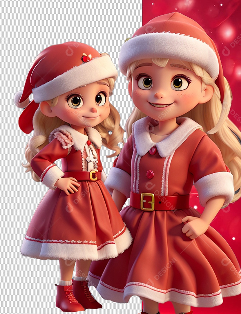 Personagens 3D Meninas do Papai Noel Cartoon de Natal para Composição PSD