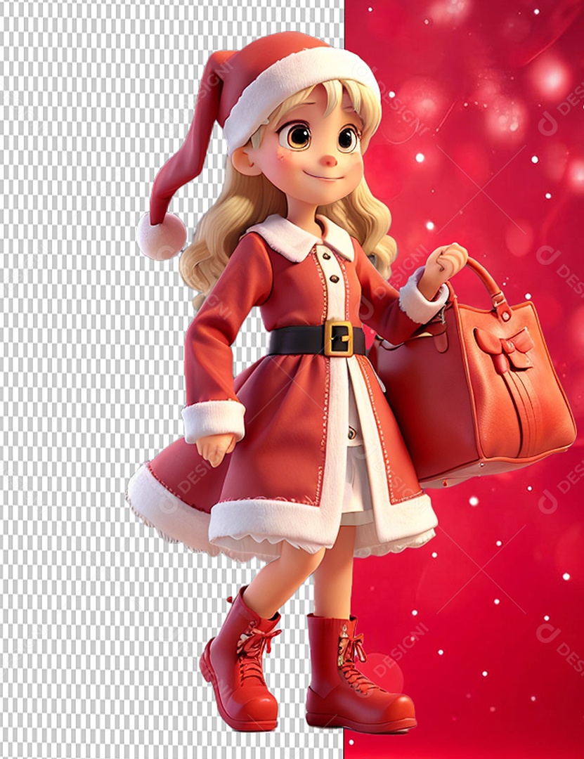 Menina do Papai Noel Segurando Bolsa Personagem 3D Cartoon de Natal para Composição PSD