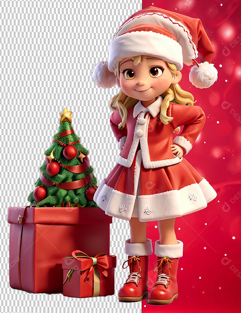 Menina do Papai Noel Árvore Caixa de Presente Personagem 3D Cartoon de Natal para Composição PSD