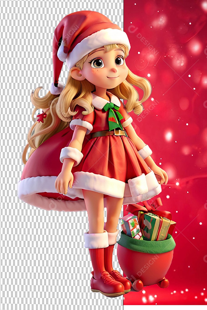 Menina do Papai Noel e Saco de Presentes Personagem 3D Cartoon de Natal para Composição PSD