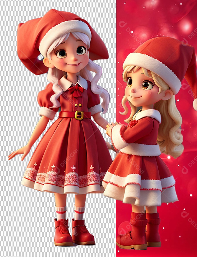 Meninas do Papai Noel Personagem 3D Cartoon de Natal para Composição PSD