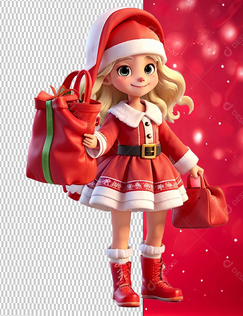 Menina do Papai Noel Segurando Sacola de Presente Personagem 3D Cartoon de Natal para Composição PSD