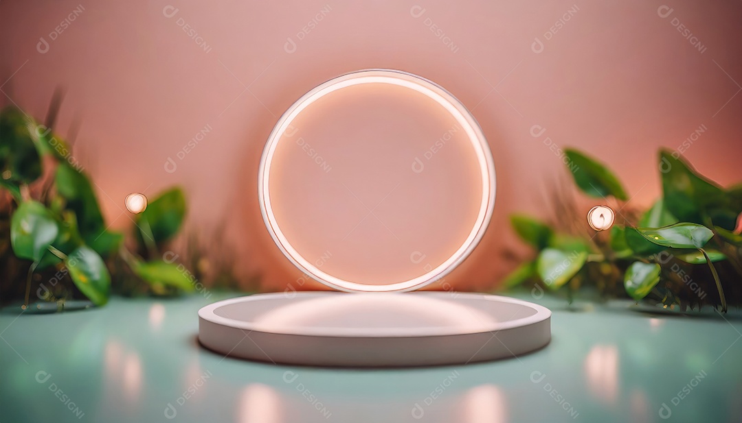 Conceito de dia dos namorados. Pódio de pedestal de cilindro rosa e 3D realista com lâmpada de néon brilhante. Uma cena mínima para a vitrine do palco dos produtos.