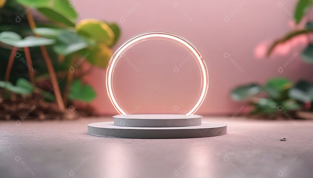 Conceito de dia dos namorados. Pódio de pedestal de cilindro rosa e 3D realista com lâmpada de néon brilhante. Uma cena mínima para a vitrine do palco dos produtos.