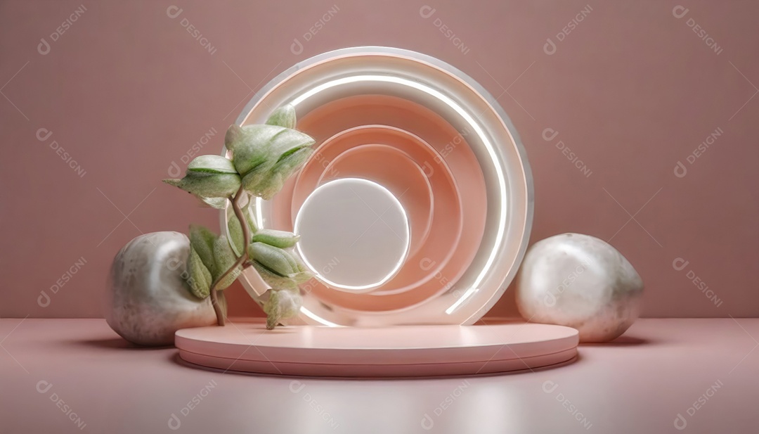 Conceito de dia dos namorados. Pódio de pedestal de cilindro rosa e 3D realista com lâmpada de néon brilhante. Uma cena mínima para a vitrine do palco dos produtos.